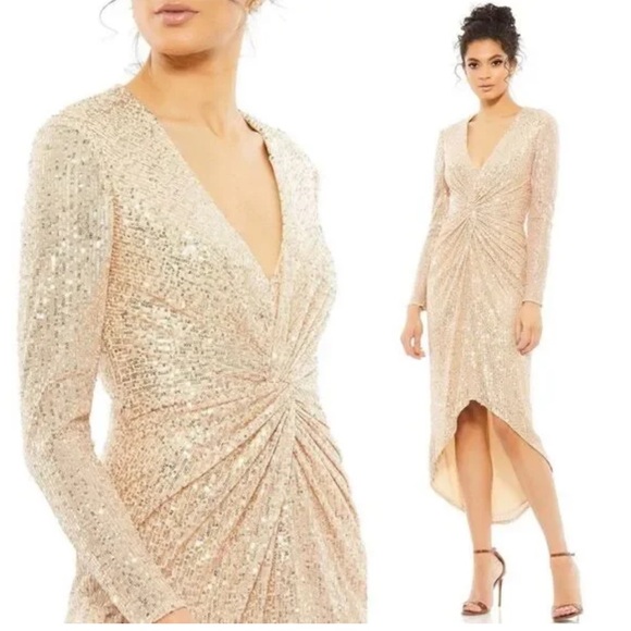 Mac Duggal Ieena Sequin Knotted‎ Long Sleeve Midi Dress Size 4